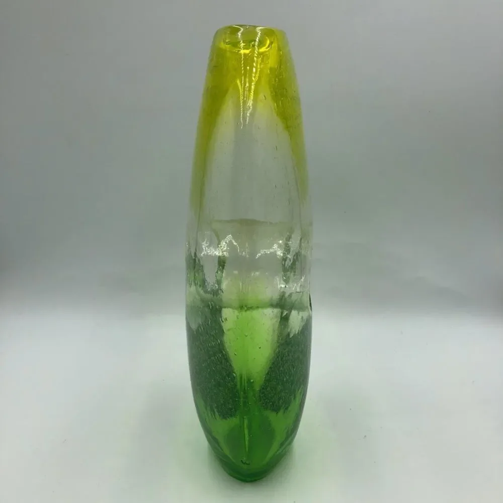 Vintage Ombre Yellow Green Clear Handblown Glass Tabletop Art Vase Décor Indoor